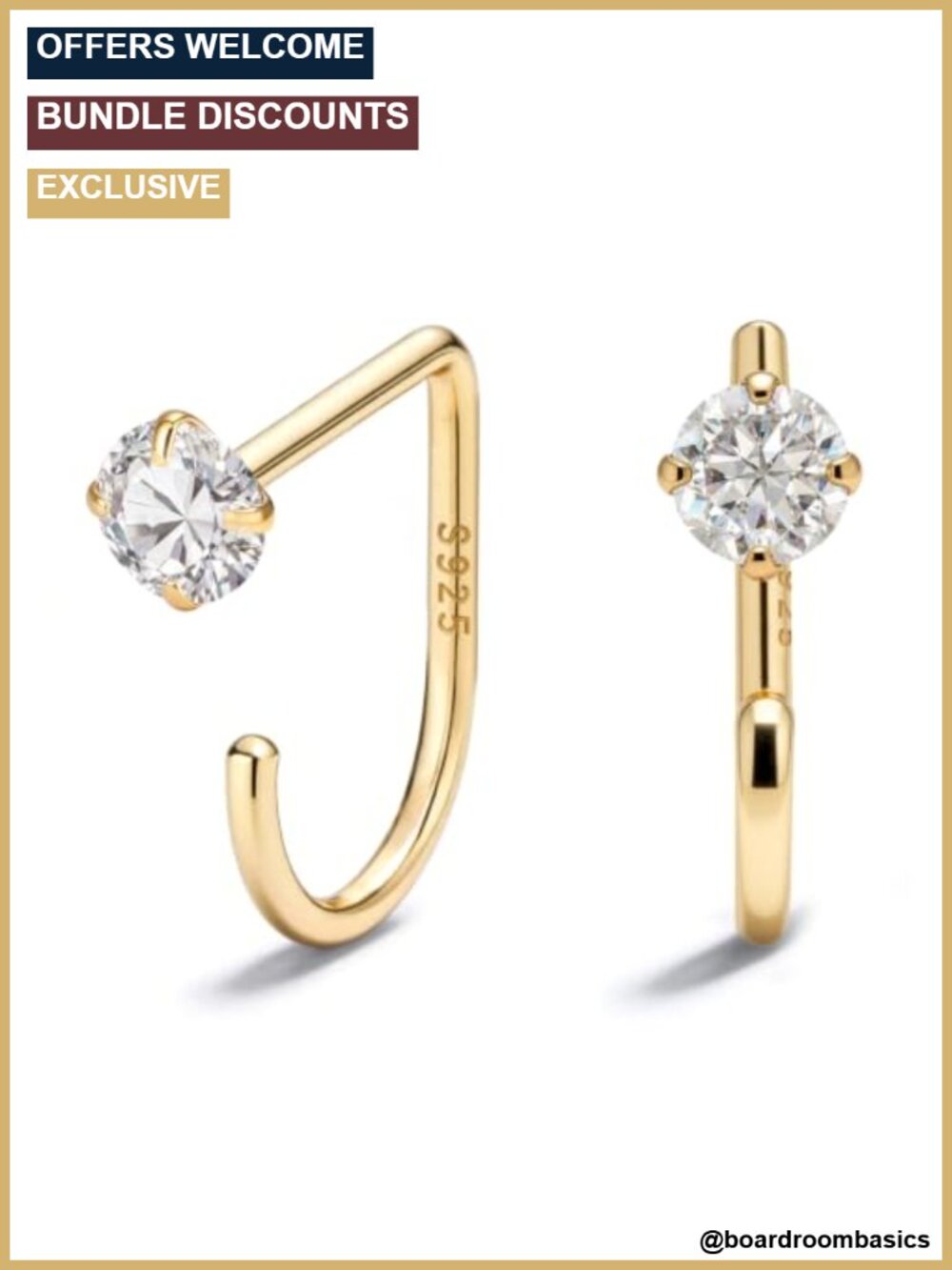 925 Sterling Silver 14K Gold Plated Huggie Half Hoop Earrings